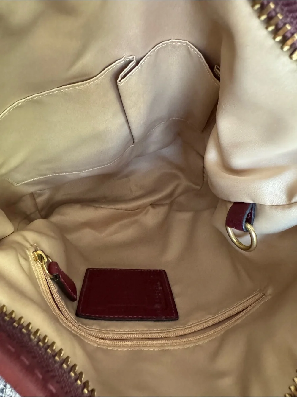 Coach Signature Canvas Bucket Bag with Burgundy Leather Trim